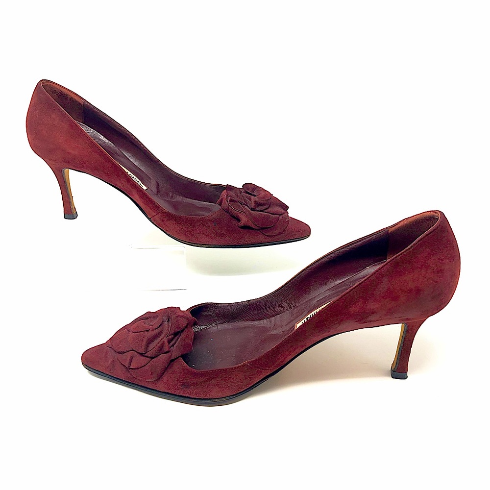 MANOLO BLAHNIK Bordeaux Red Suede Lisa Rose Pumps Heels Sz 37.5 fits US 7